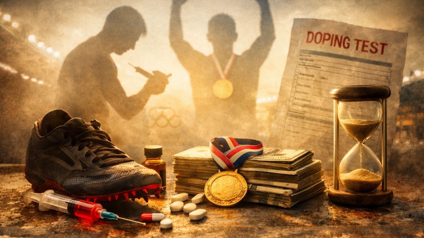 концептуална илустрација на спортист и сенка што симболизира допинг во спортот