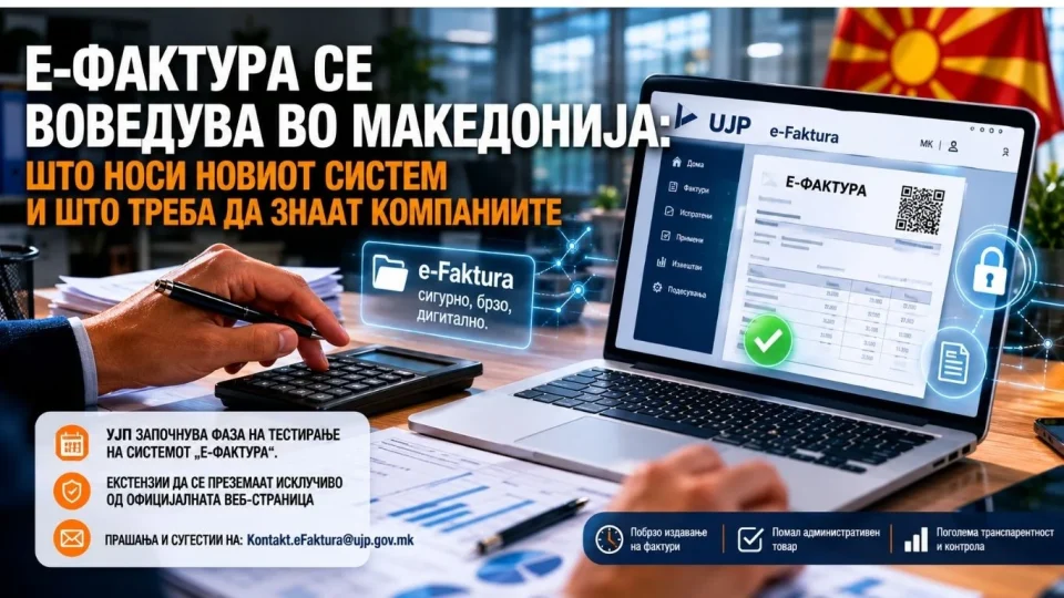 Сметководствено биро со лаптоп и хартиени фактури што симболично преминуваат во дигитален систем за електронско фактурирање