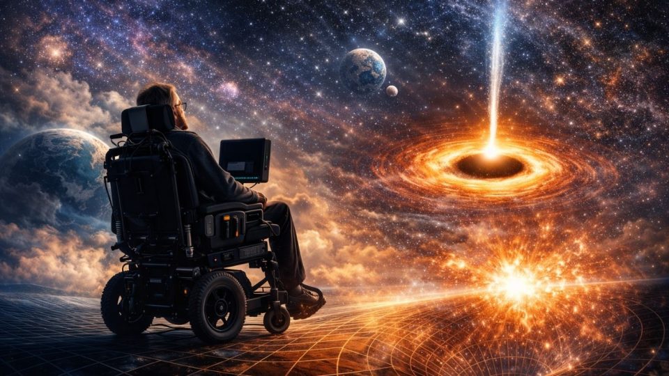 Концептуална космолошка илустрација со светлосен хоризонт и ѕвездена геометрија што симболизира простор-време