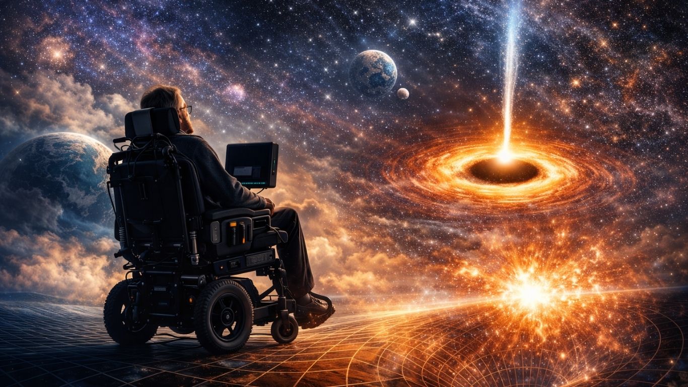 Концептуална космолошка илустрација со светлосен хоризонт и ѕвездена геометрија што симболизира простор-време