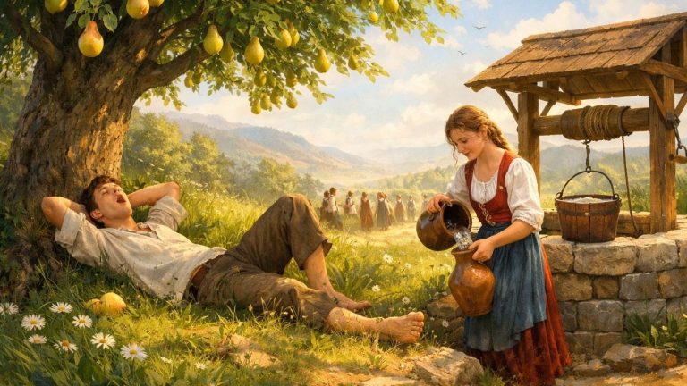 Концептуална сцена со момче под круша и девојче крај чешма во светла, симболична атмосфера