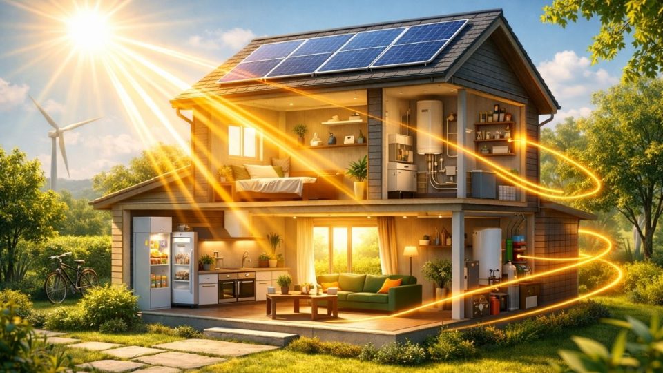 Концептуален приказ на енергетски ефикасен дом со сончева светлина и зеленило околу него