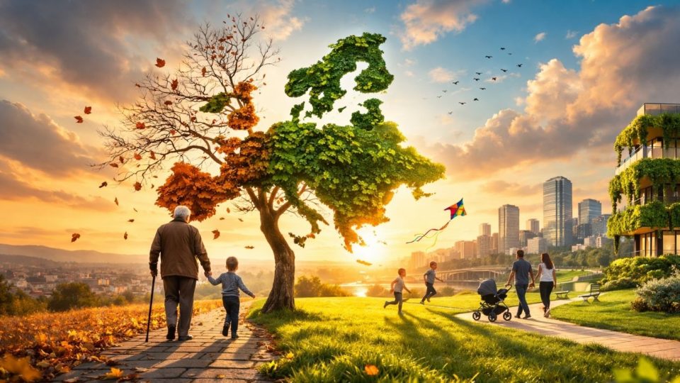 Концептуална слика за стареење на Европа - симболика на есенски лисја и млади зелени изданоци на мапа на Европа