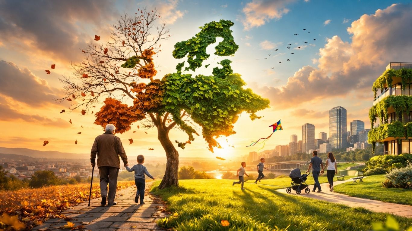 Концептуална слика за стареење на Европа - симболика на есенски лисја и млади зелени изданоци на мапа на Европа