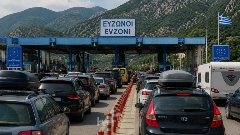 Долга колона автомобили на летна граница кон Грција под силно сонце