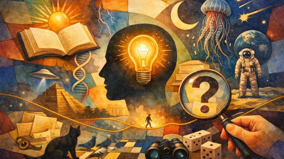Концептуална илустрација што симболизира знаење, љубопитност и проверка на факти