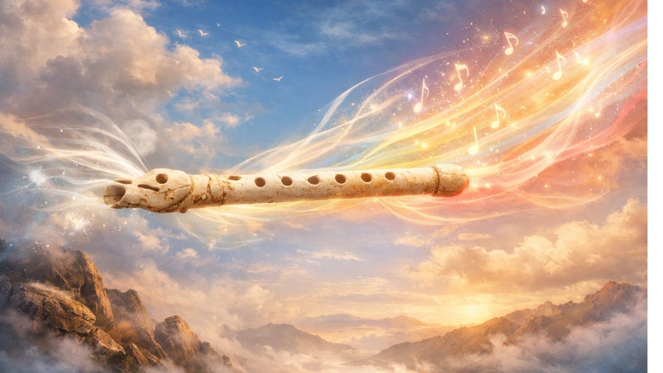 Концептуална илустрација на флејта како здив што се претвора во светлина и музика