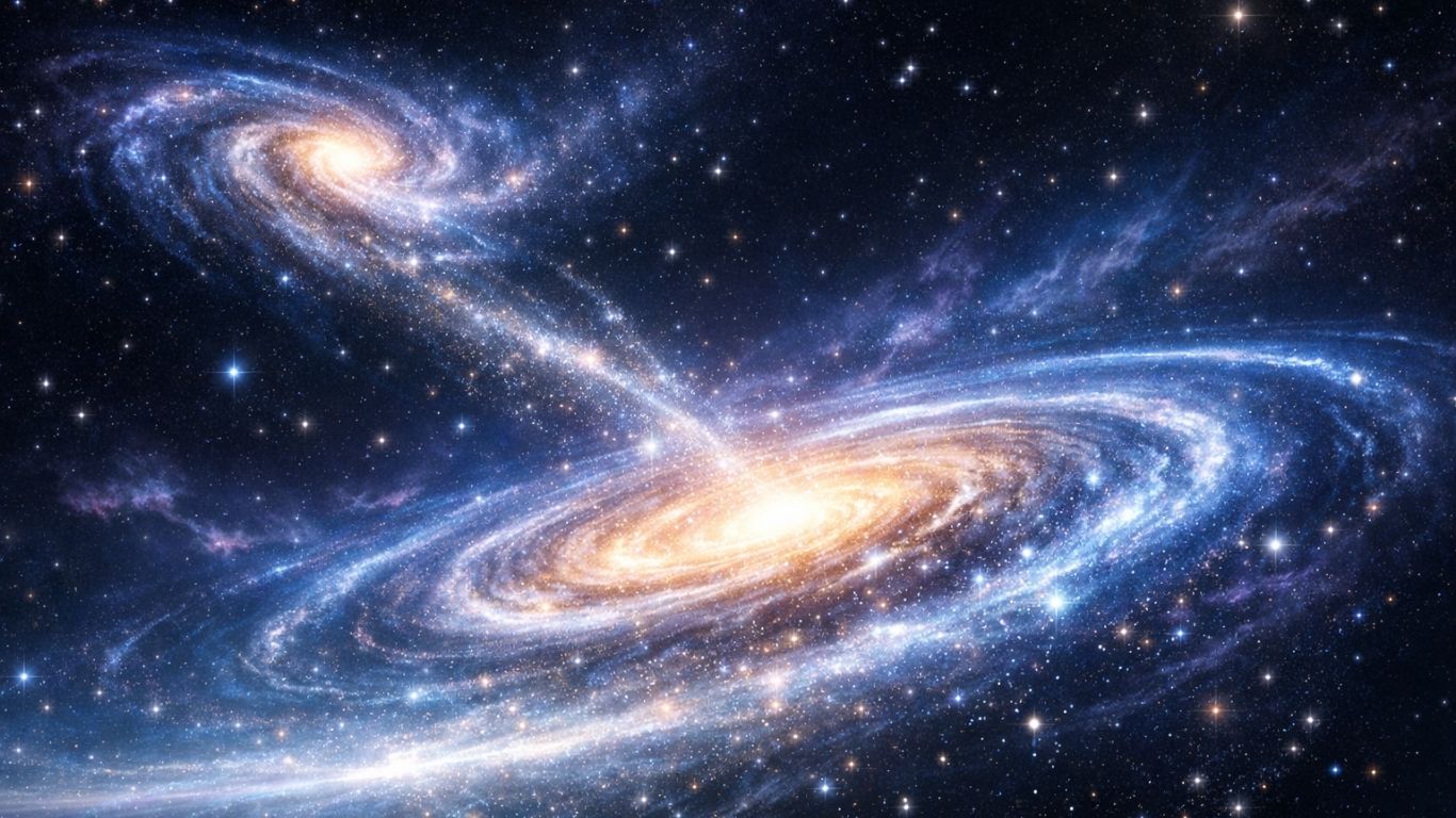 Концептуална илустрација на спојување на галаксии со светол спирален диск во вселената