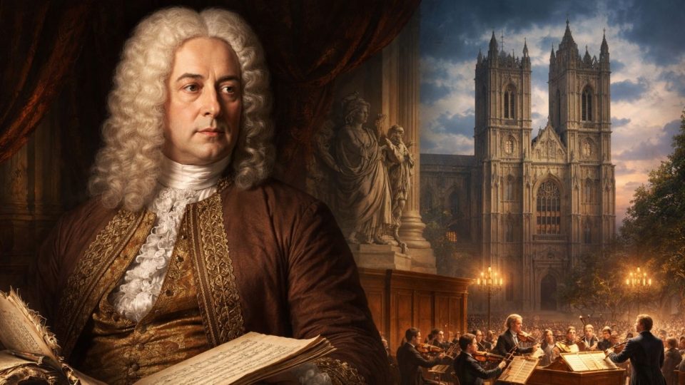 Портрет на Георг Фридрих Хендл и сцена од барокен концерт во Лондон