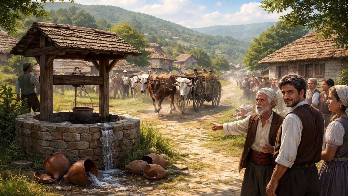 Концептуална сцена од македонска народна приказна со кола, волови и селска чешма како симбол на човечка вина и одговорност