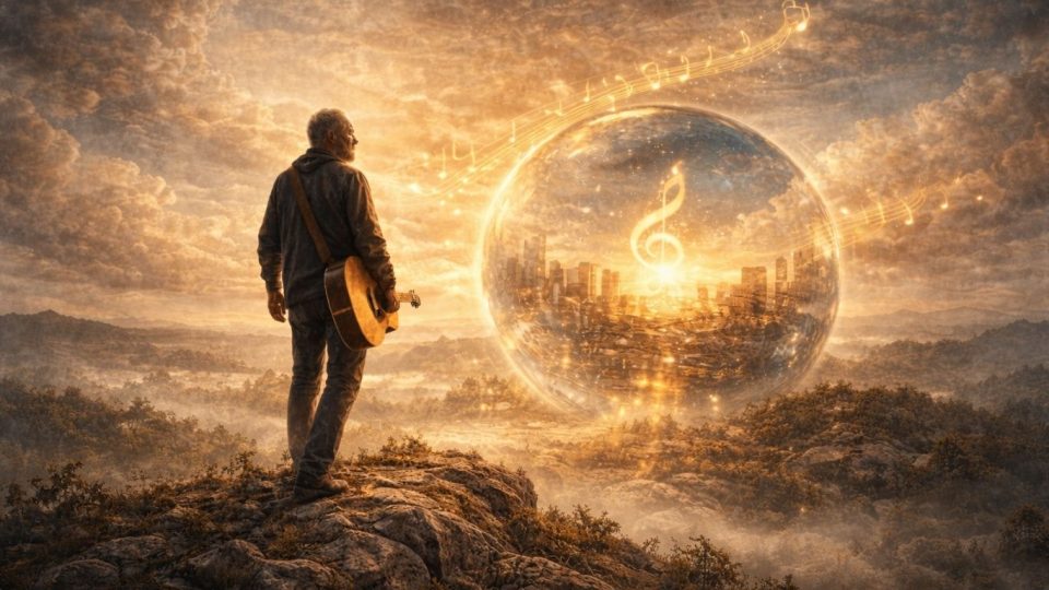 Концептуална уметничка слика од човек со гитара на рид под златно небо - симбол на музичко наследство