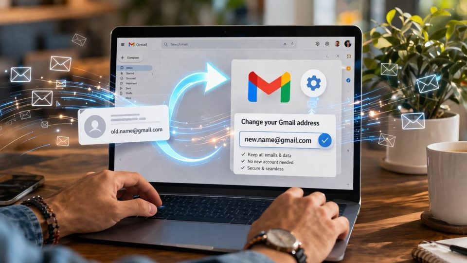 Корисник работи на лаптоп со Gmail интерфејс и симболична визуелизација на промена на е-адреса