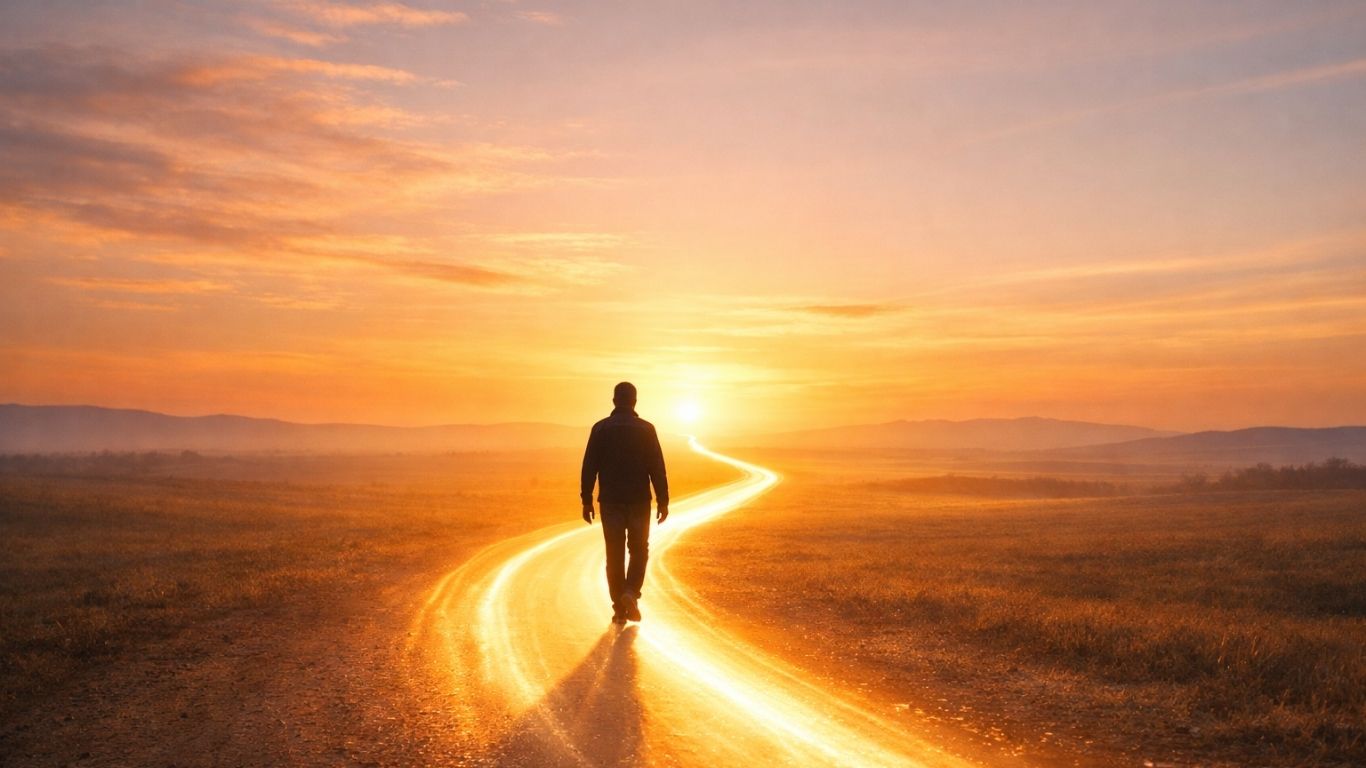 Човек што оди по осветлен пат кон хоризонтот како симбол на големината и трајната човечка трага