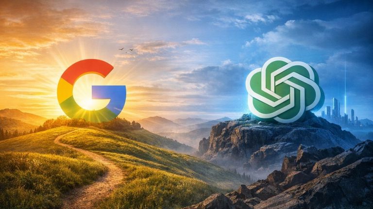 Концептуелна сцена што ја прикажува борбата меѓу класичното Google пребарување и AI одговорите во современ дигитален простор