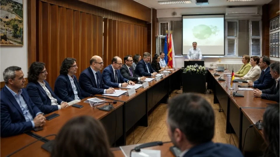Современа симболична сцена на зелена градба, мостовска конструкција, реупотребени материјали и европска соработка