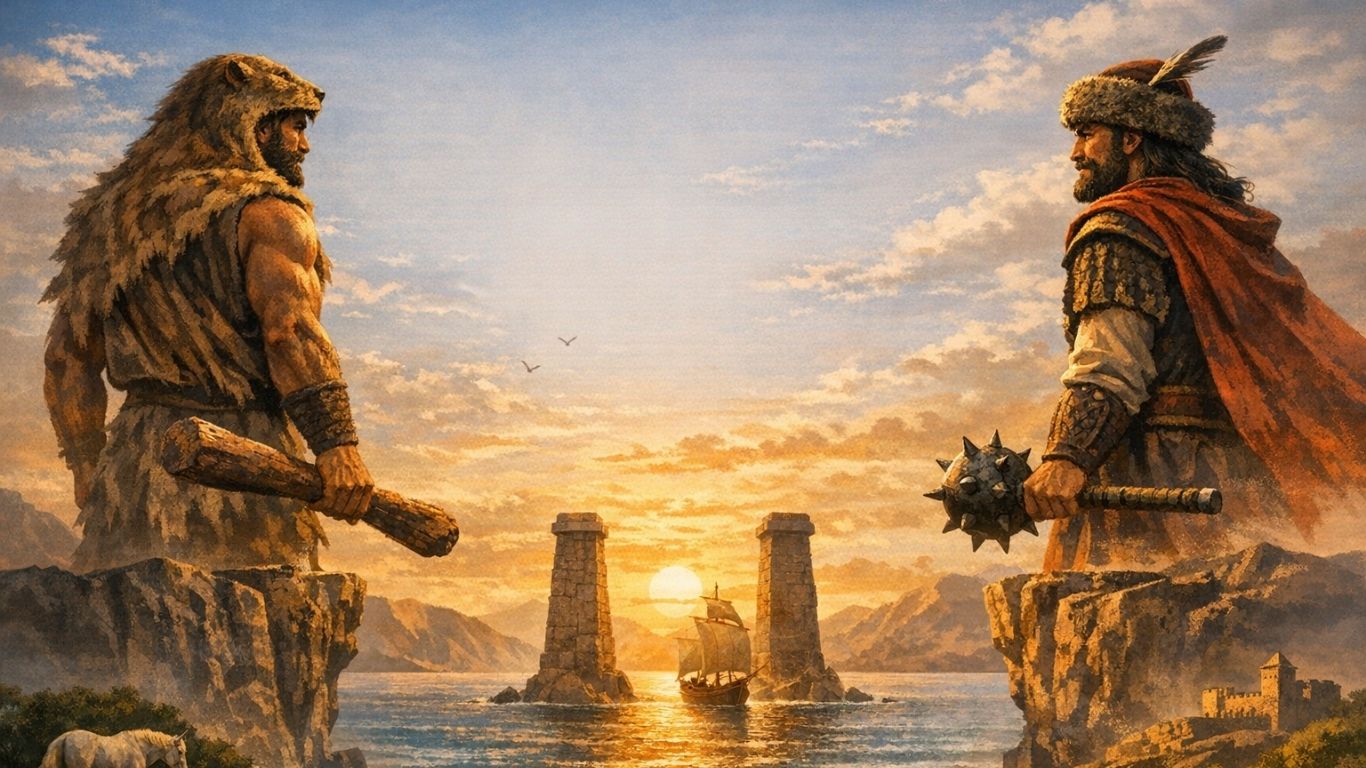 Концептуална илустрација на Херакле и Марко Крале како симболични јунаци што стојат спроти морето и столбовите