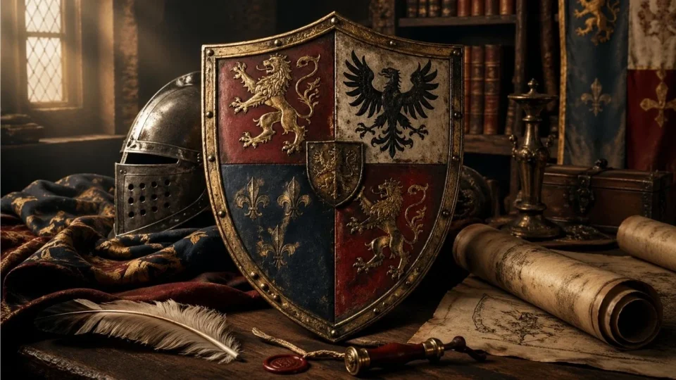 Средновековен хералдички штит со симболични елементи на грб, поставен во атмосферска историска композиција без текст