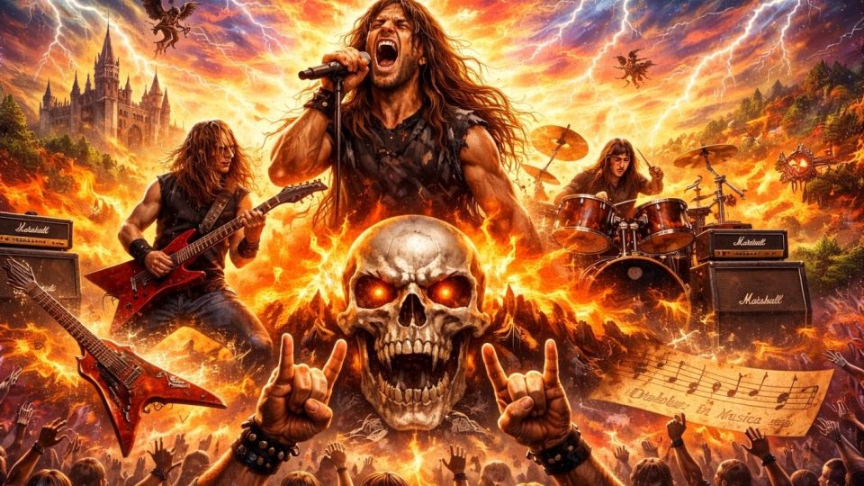 Концептуална илустрација што симболично ја прикажува енергијата, звукот и културниот дух на хеви метал музиката