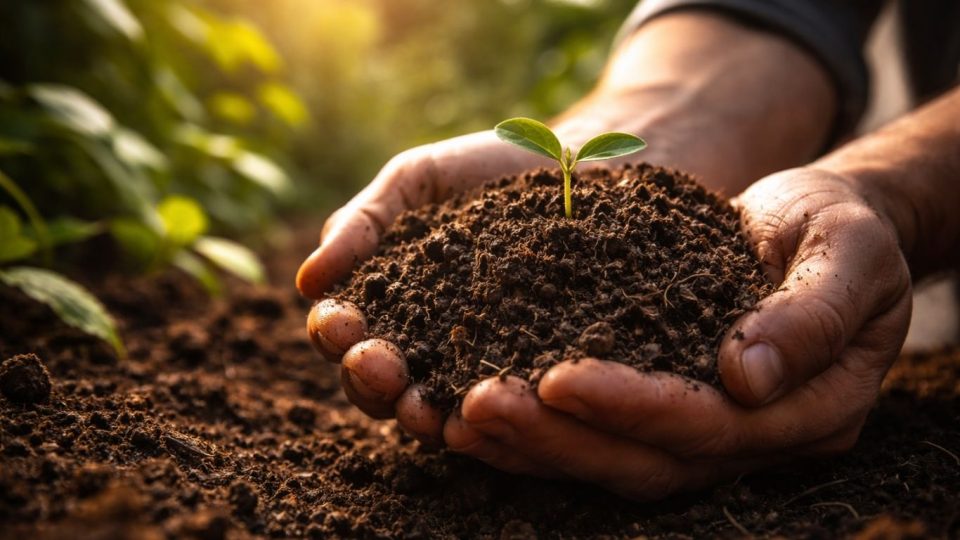 Темна плодна почва богата со хумус под природна светлина