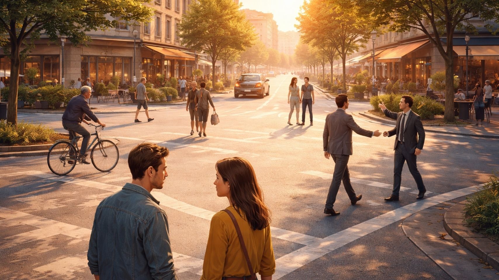 Концептуална сцена на урбана раскрсница без знаци со луѓе што комуницираат