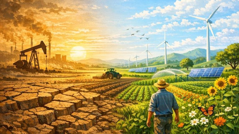 Концептуална илустрација на транзиција од фосилно кон одржливо европско земјоделие со обновливи извори и зелени полиња