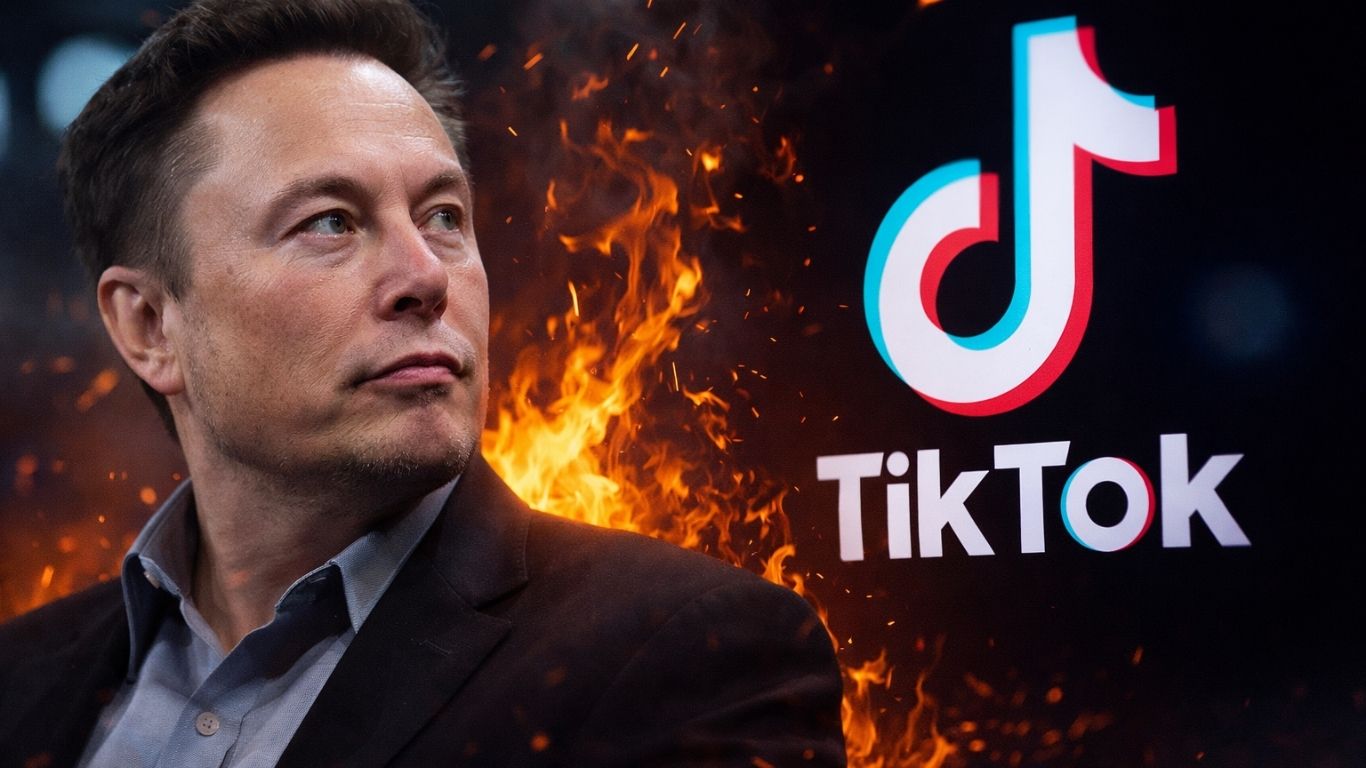 Концептуална сцена со Илон Маск како дигитална фигура меѓу TikTok, X и вселенска естетика, симбол на борба за внимание и технолошко влијание