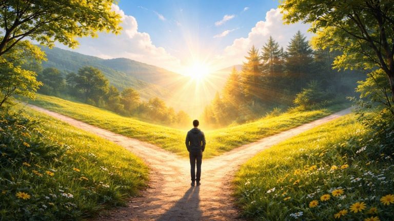 Симболичен пат што се разгранува во светлина - метафора за изборот наместо судбина