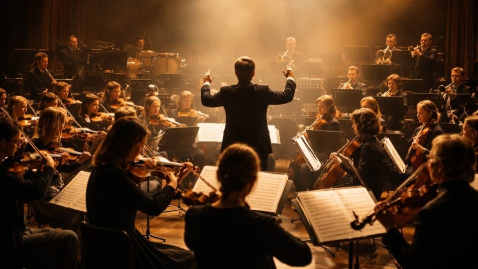симфониски оркестар со диригент и инструментални групи во хармонична звучна композиција