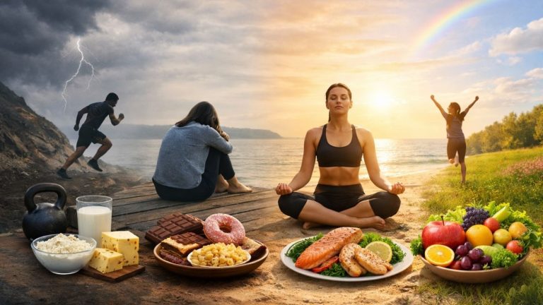 Концептуална слика што симболично ја поврзува исхраната, емоциите и физичката активност во различни расположенија