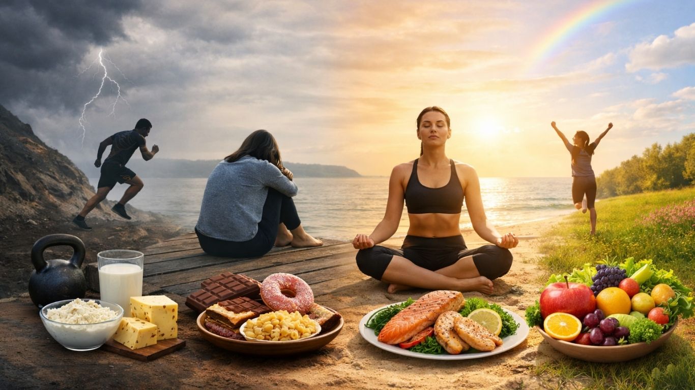 Концептуална слика што симболично ја поврзува исхраната, емоциите и физичката активност во различни расположенија