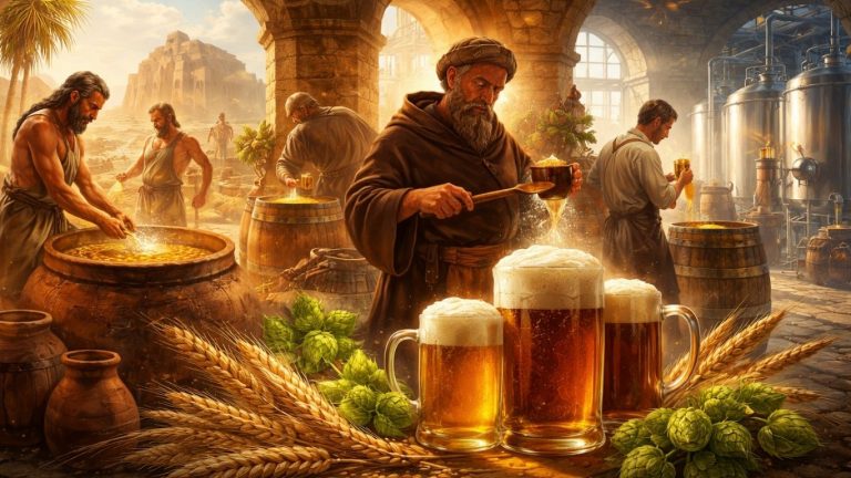 Концептуална илустрација што ја прикажува историјата на пивото од античко пиварство до модерни времиња