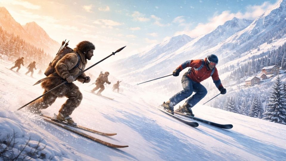 Концептуална илустрација за еволуцијата на скијањето од праисторија до современ спорт