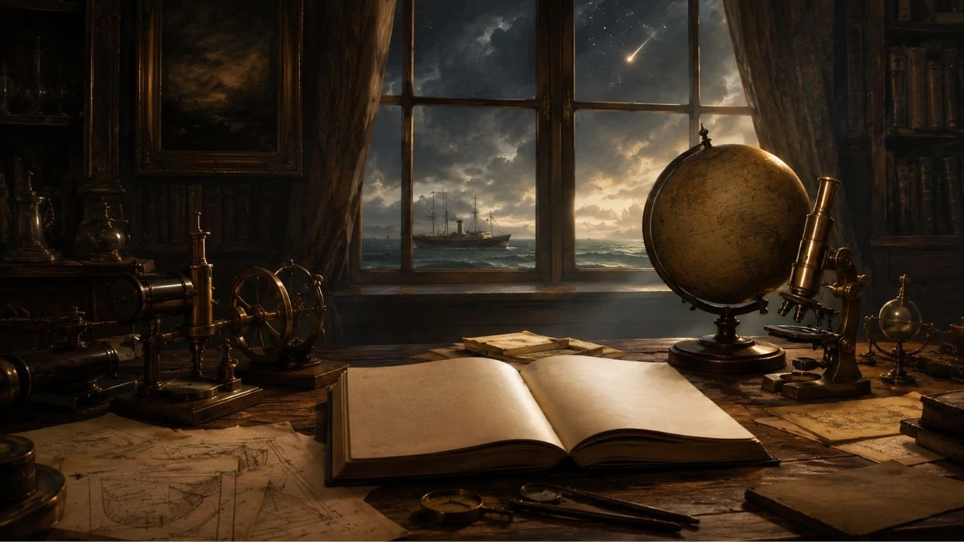 Симболична сцена со стар кабинет, отворена книга, пароброд во далечина и метеорска светлина низ прозорец