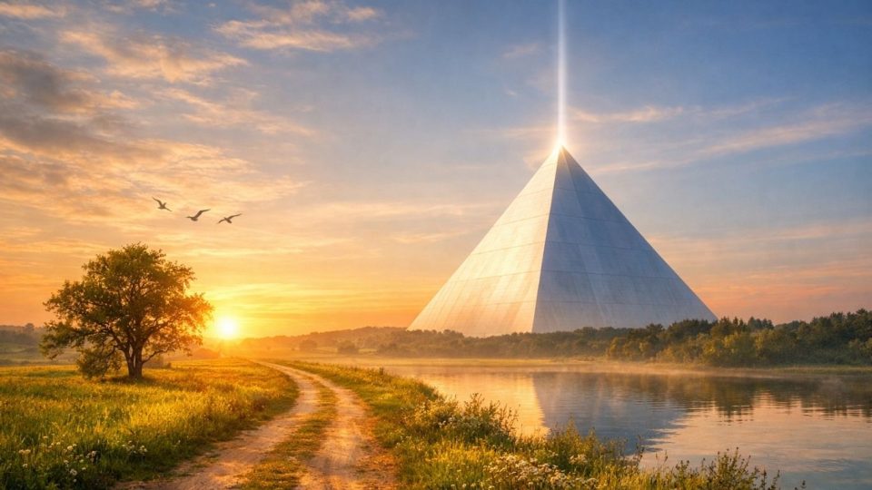 Модерна фиберглас пирамида во природен пејзаж со симболична атмосфера