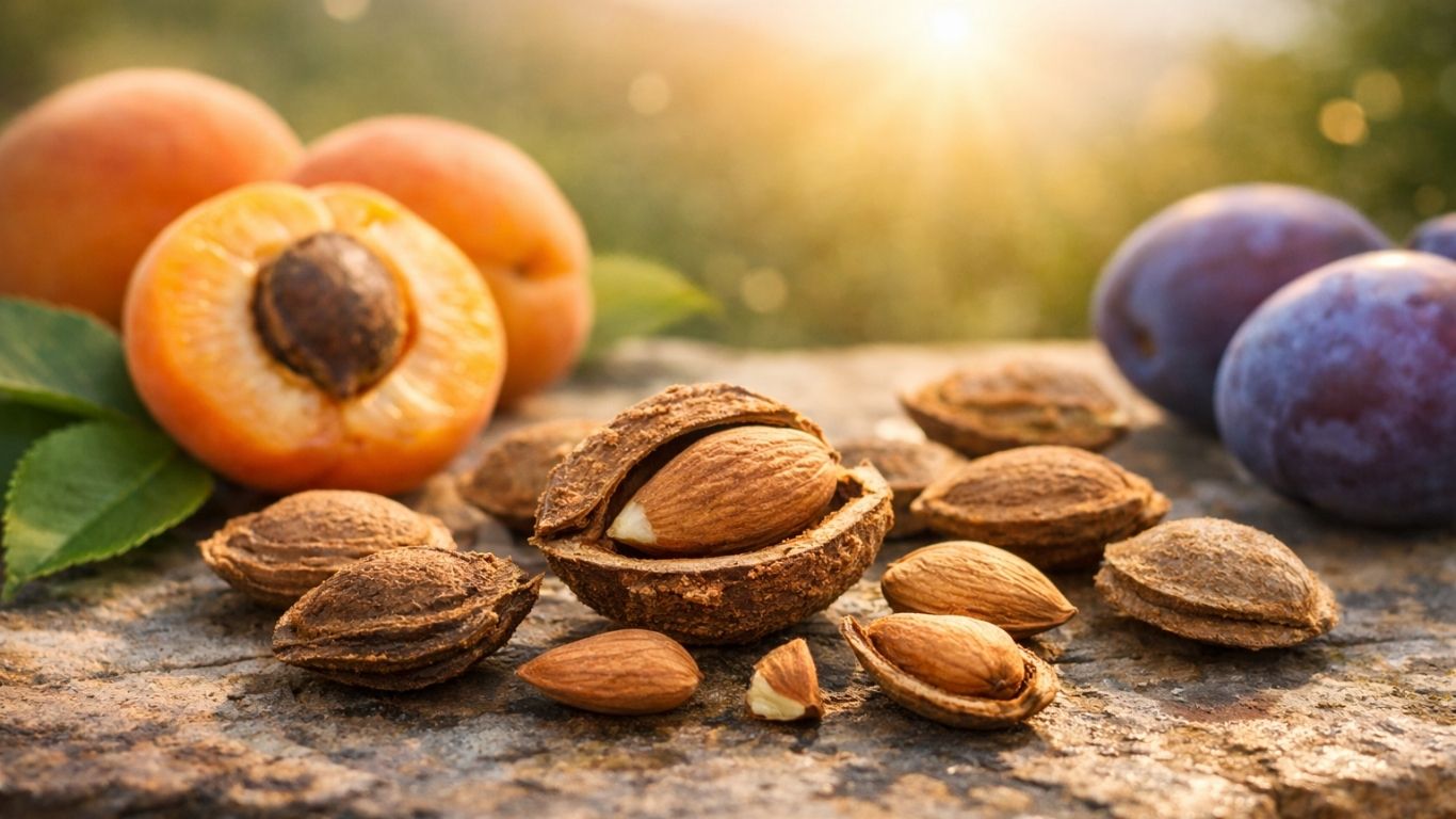 Коски од кајсија и слива со свежи плодови во позадина