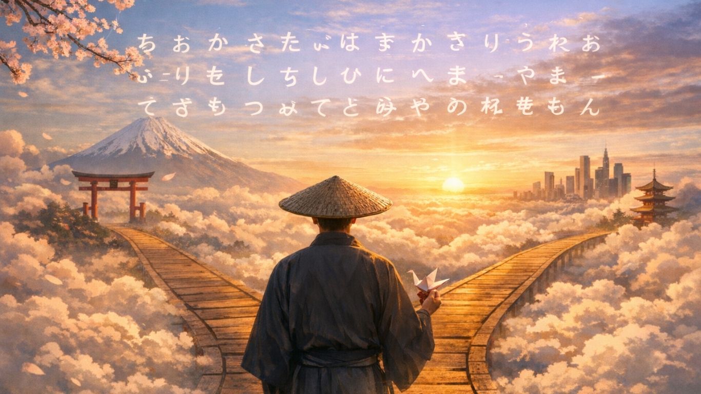 Концептуална илустрација со традиционална јапонска фигура меѓу патишта што симболизираат јазик, традиција и модерност