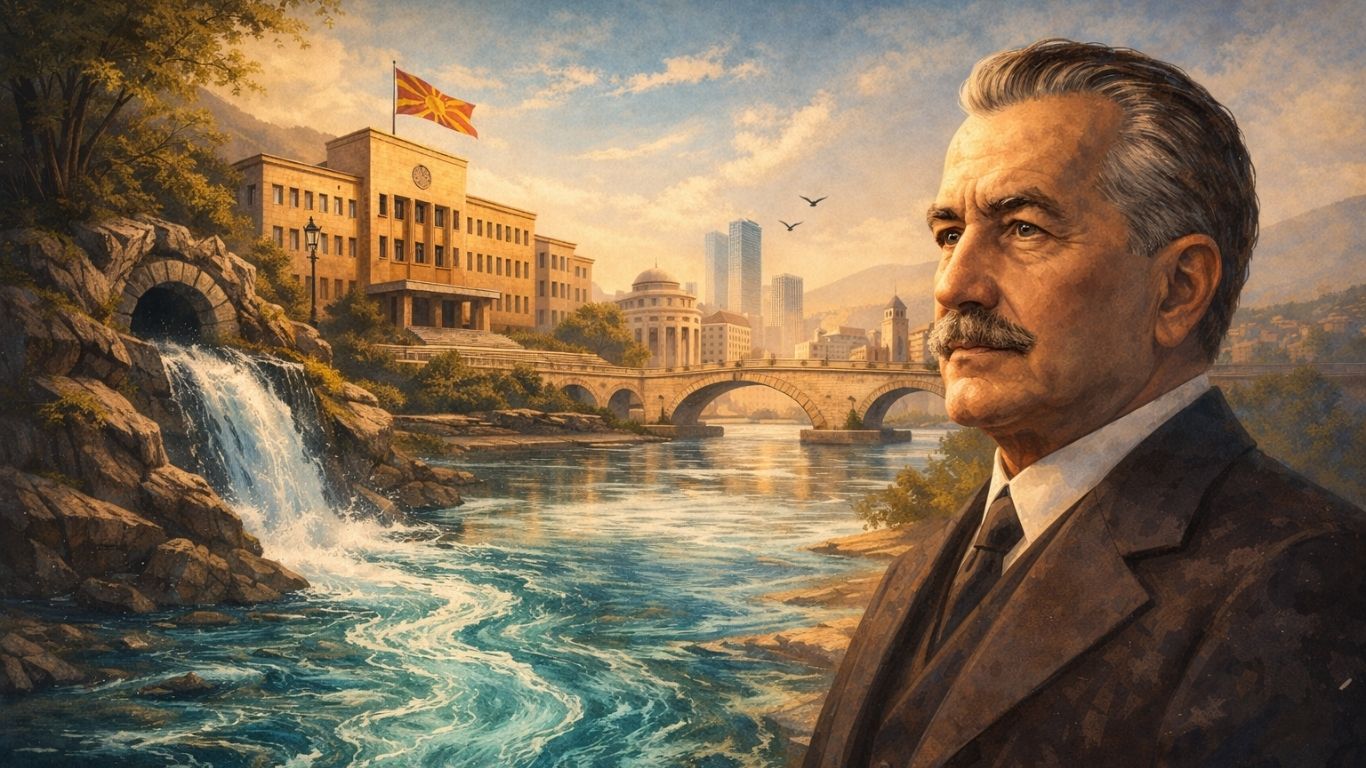 Концептуална панорама на Скопје со симболичен приказ на вода, институции и урбан развој