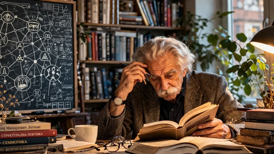 Концептуална уредничка сцена инспирирана од Јуриј Лотман, книги, знаци и културни кодови во атмосферска библиотечна композиција