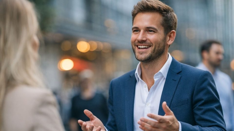 Осамен современ човек пред излог и дигитално огледало, симболична сцена за личен бренд, самопромоција и пазар на идентитети