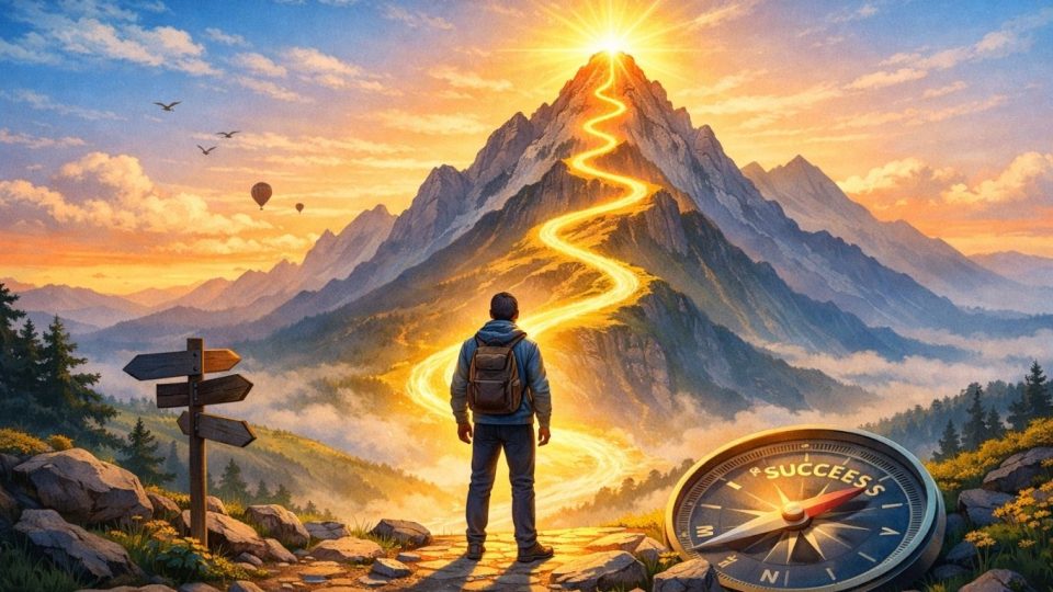 Концептуална илустрација на личност што чекори кон светла патека како симбол на успех и фокус