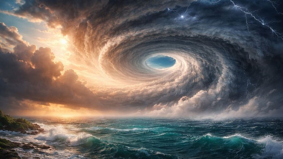 Концептуална илустрација на ураган со мирно око и спирален ѕид од облаци над топол океан