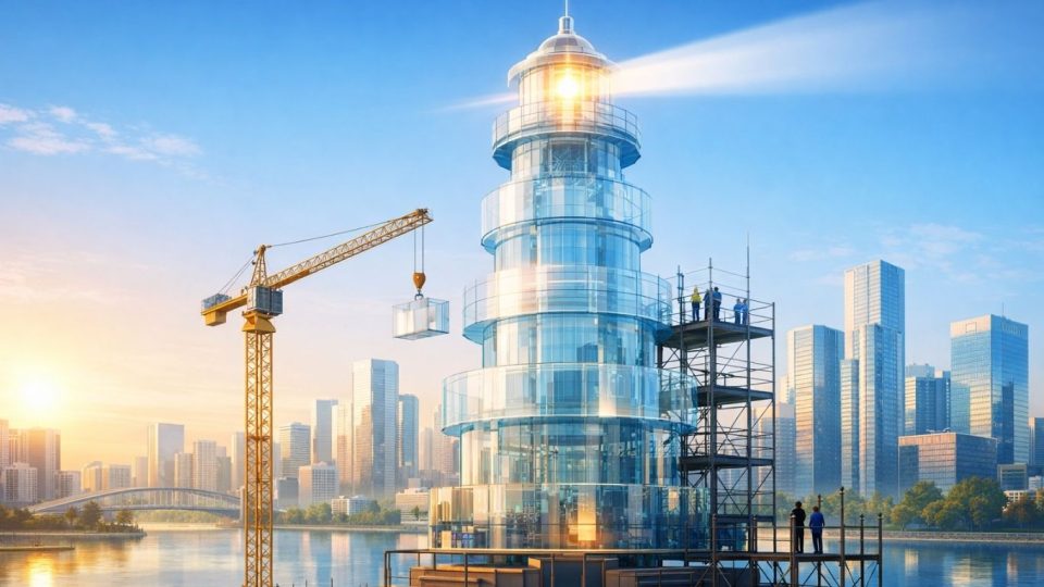 Концептуална метафора за градење бренд - светилник од стаклени слоеви во светол урбан пејзаж