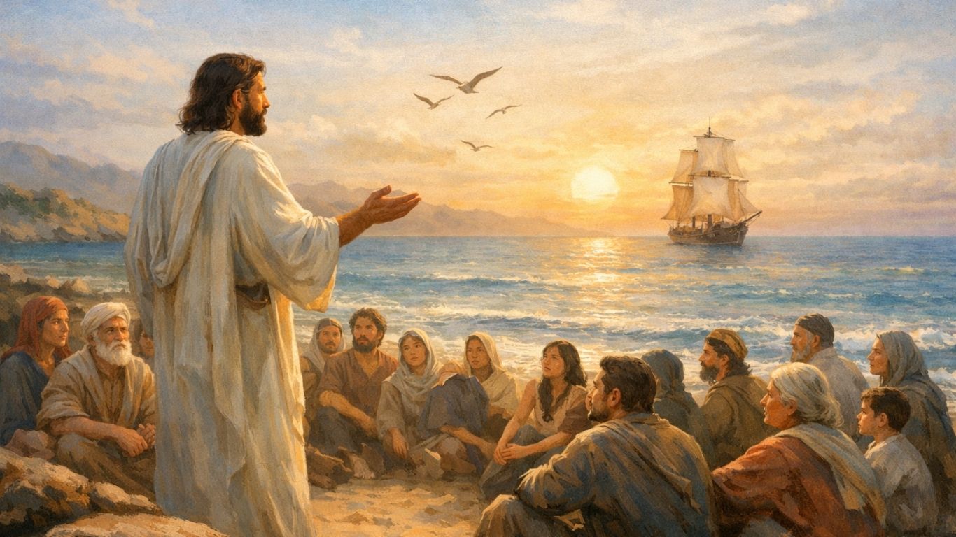 Калил Џибран и симболична сцена од „Пророкот“ со човек што зборува пред луѓе покрај море