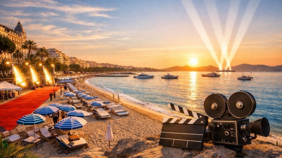 Концептуална илустрација на Кан со плажа, светлина и симболика на филмски фестивал