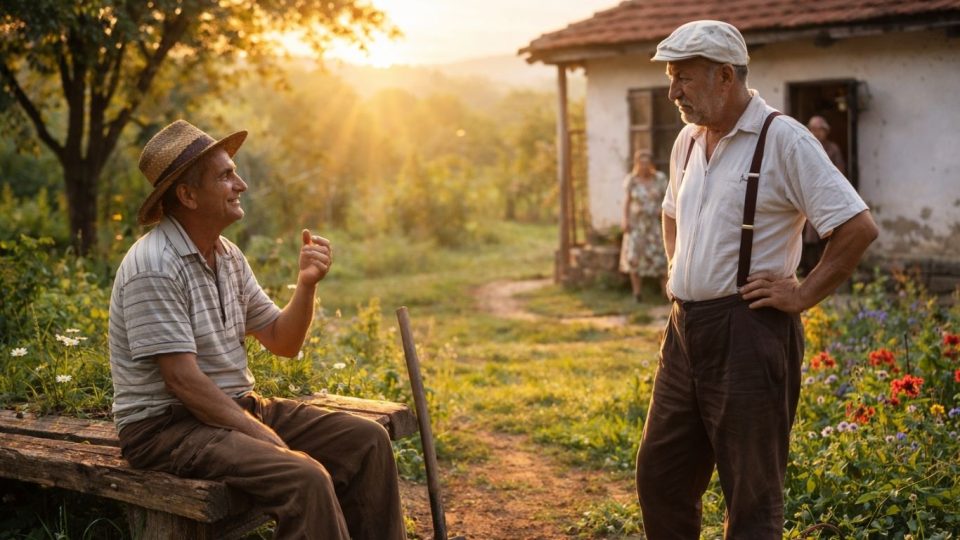 Разговор во двор на македонска селска куќа како симбол на народна мудрост и одложено ветување