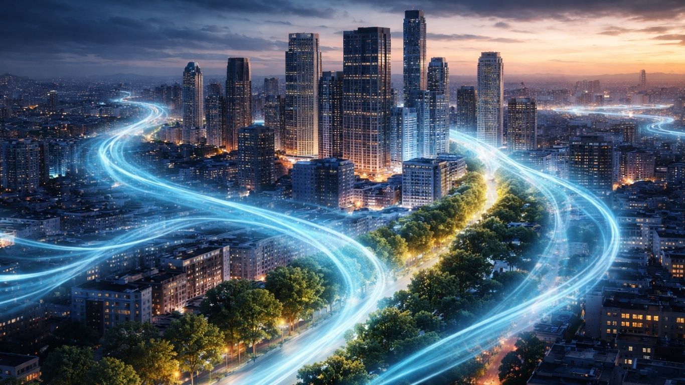 концептуална илустрација за вентилација и топлински остров во модерен град