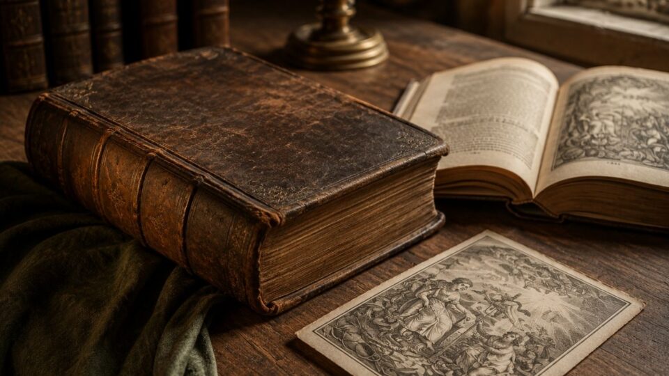Стара кожна книга од 18 век со гравури, насловна страница и библиотечна презентација за англиската историја