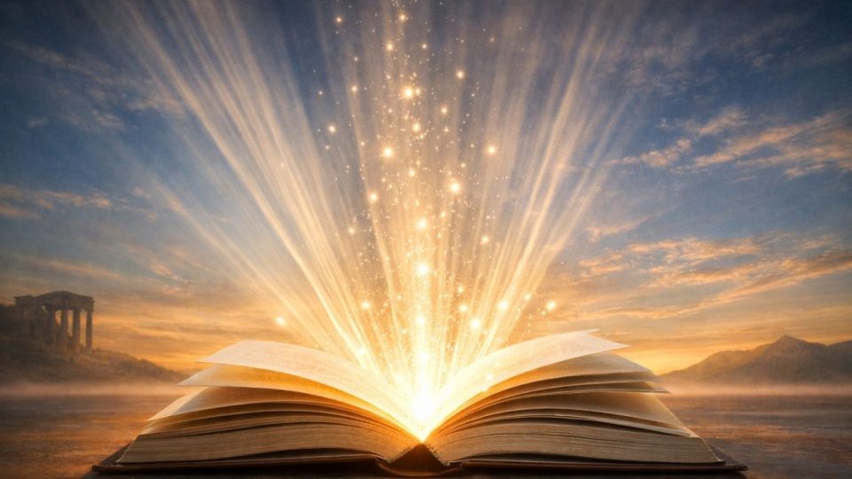 Отворена книга со светлина што излегува од страниците како симбол на откривање во литературната критика