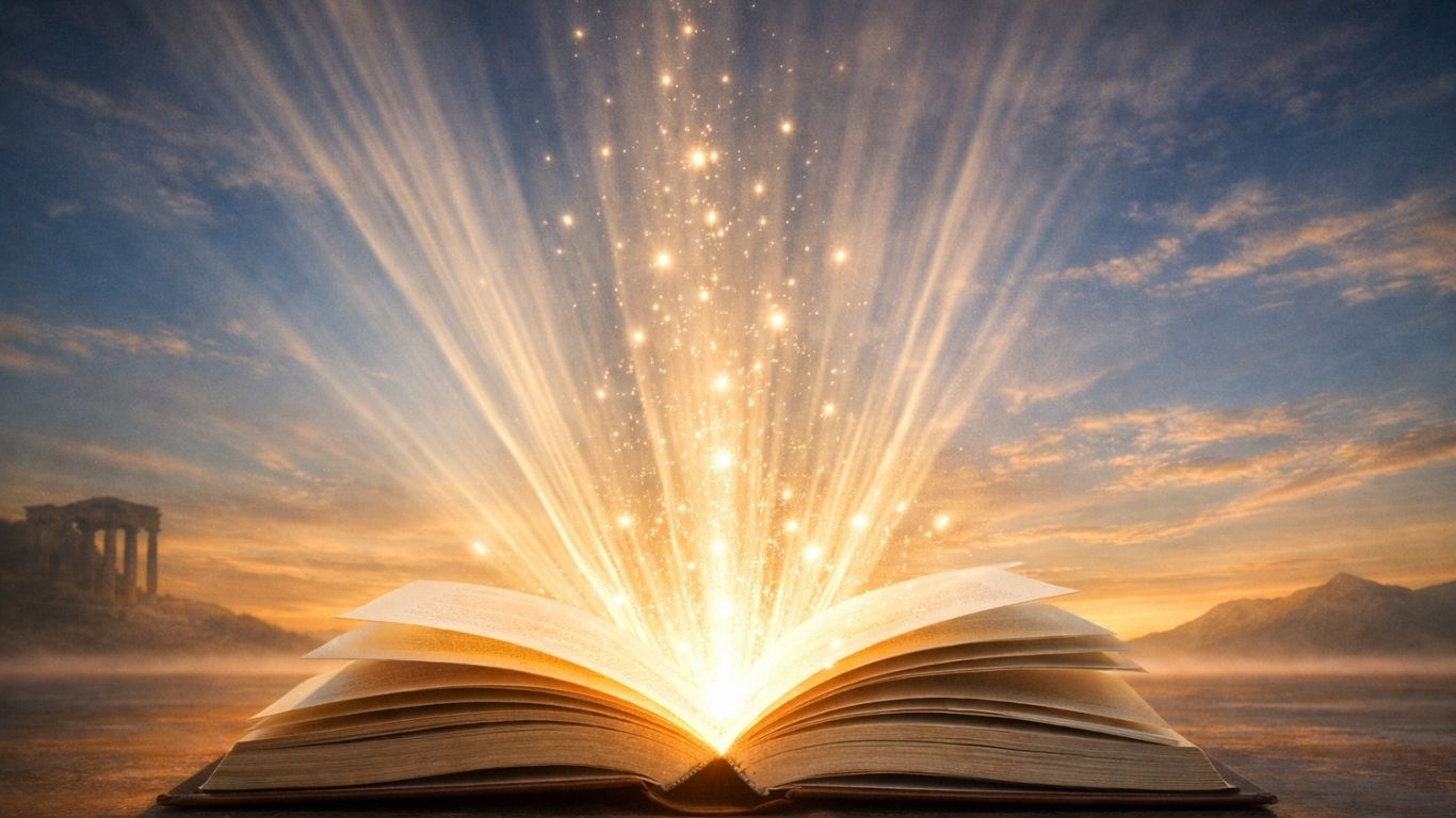 Отворена книга со светлина што излегува од страниците како симбол на откривање во литературната критика