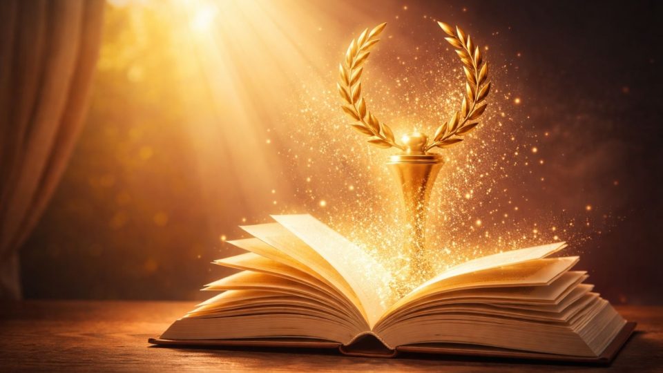 Концептуелна слика на симболична награда што се претвора во книга под светлина